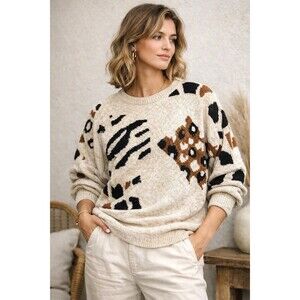 Vintage I.B. Diffusion Abstract Animal Print Knit Linen Cotton Dolman Sweater M